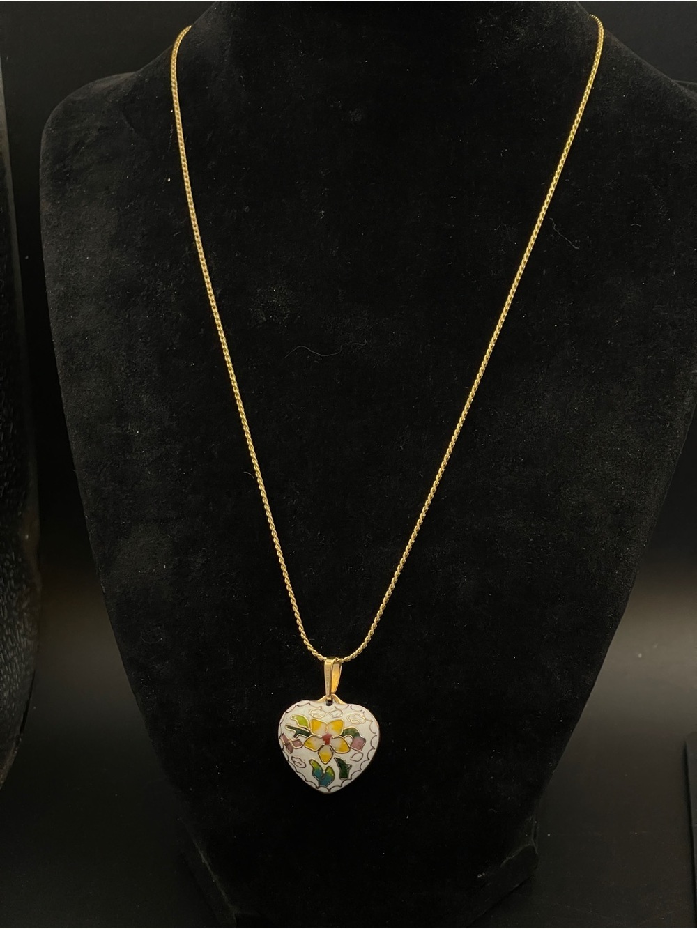 Vintage Cloisonne Puffy Heart Necklace Floral Enamel Signed SC 18” - Picture 7 of 16